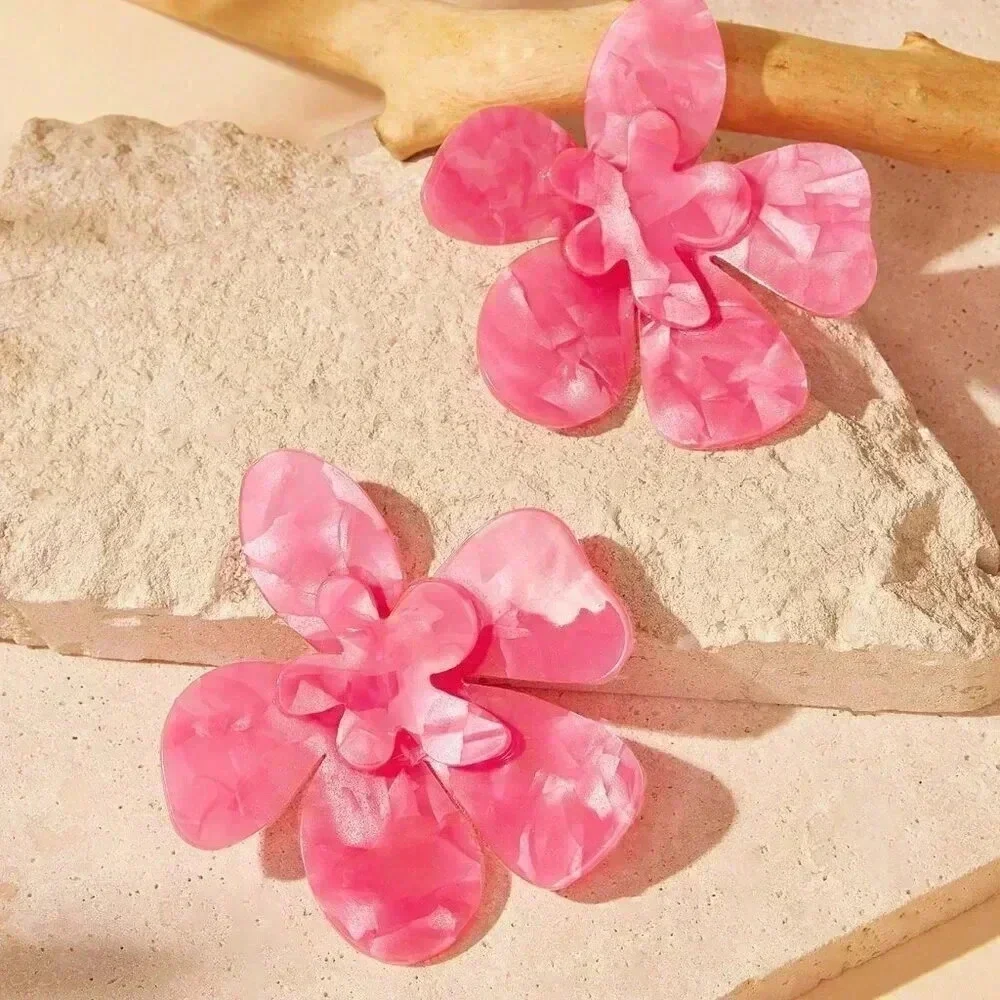 Hot Pink Women's Acetic Acid Floral Design Personality Earrings - Picture 4 of 7